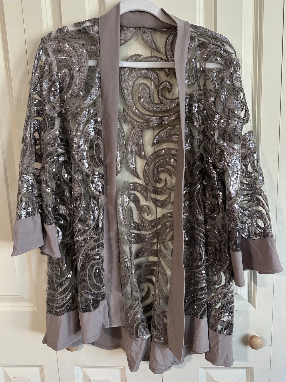 Sequined Swirl Lace Open Front Jacket in Taupe Gray Plus